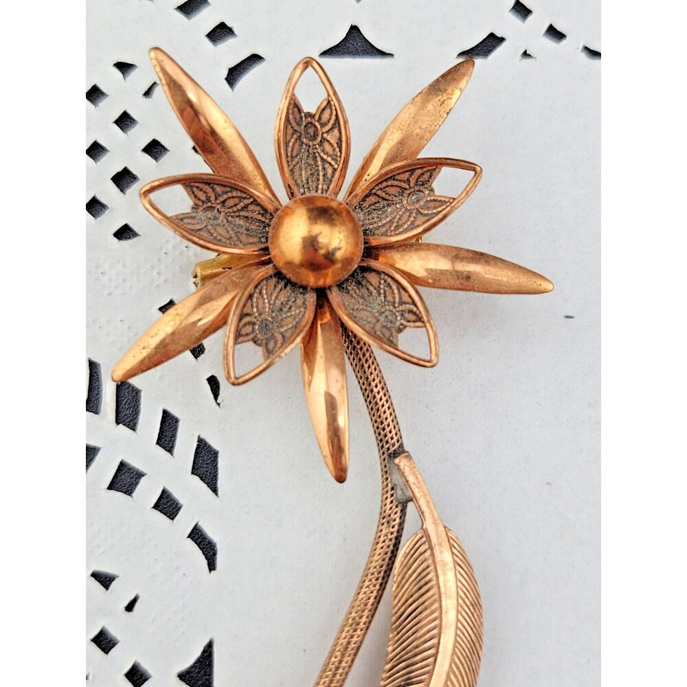 Southwestern Vintage 4" Embossed Copper Daisy Flower Statement Brooch Pin